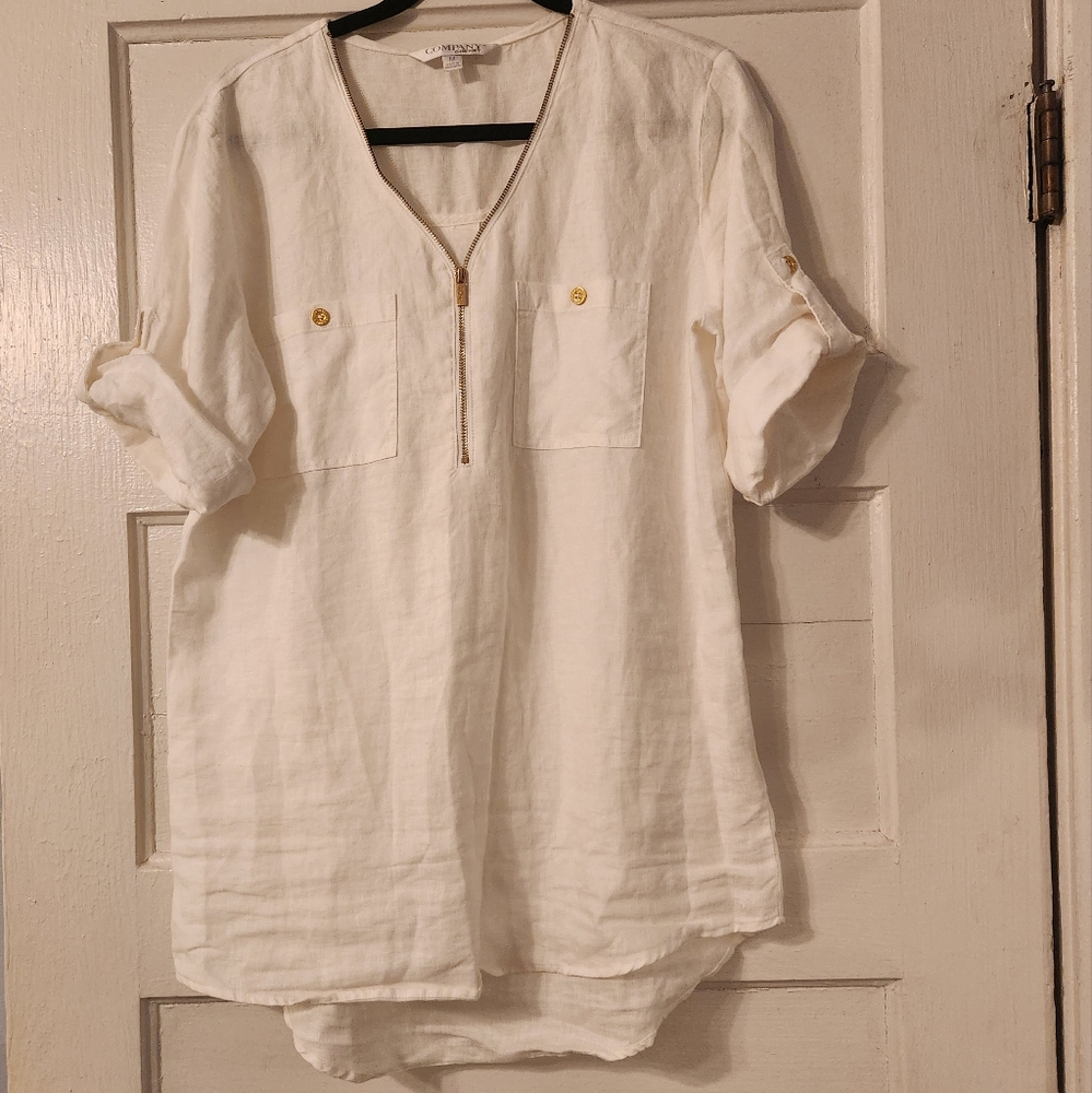Ellen Tracy Linen Blouse, White Shirt Gold Zipper, Sz Med Button-tab Sleeves EUC